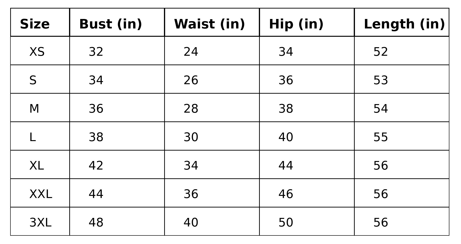 Women long dress size chart